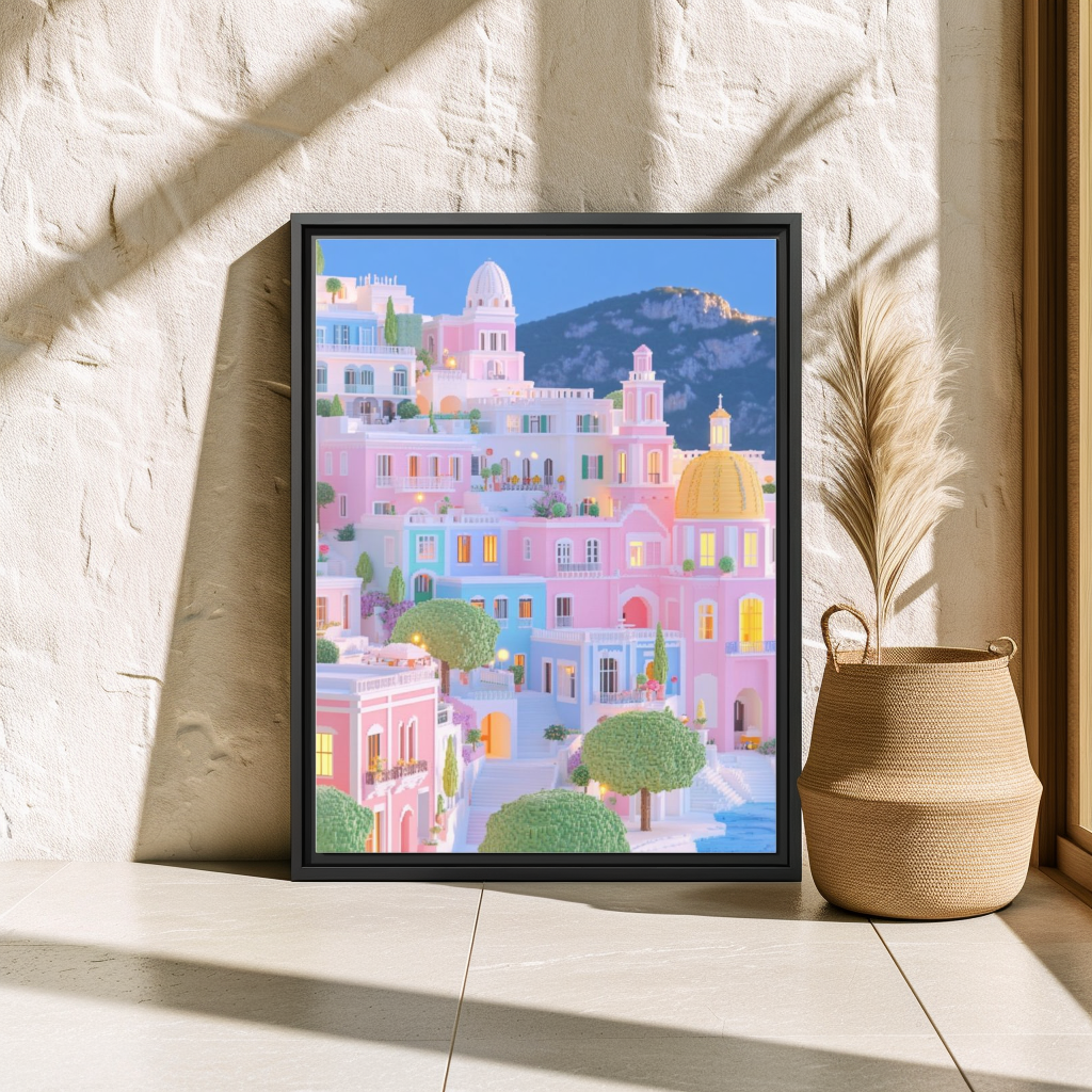 Pastel Amalfi Coast Framed Canvas