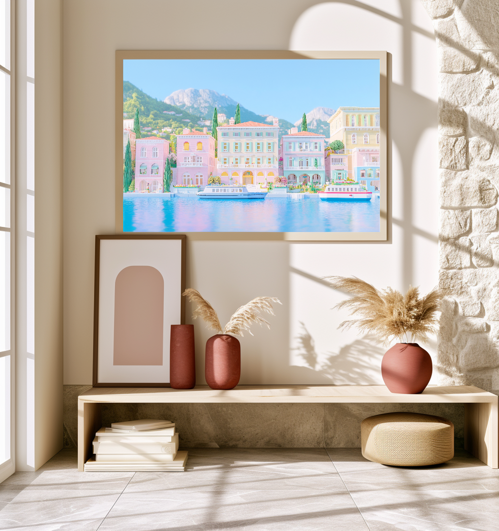 Pastel Lake Como Villa Framed Canvas