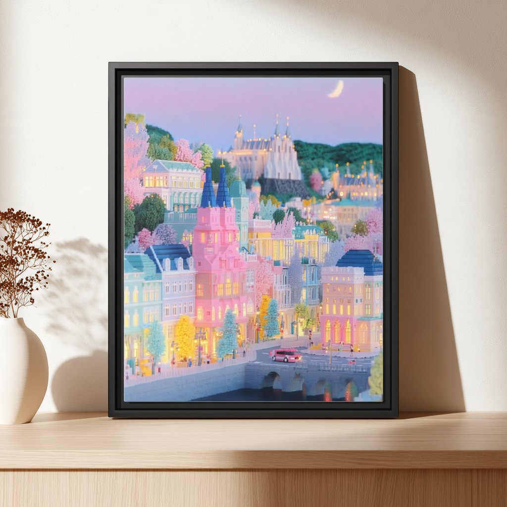 Pastel Prague Cityscape Framed Canvas