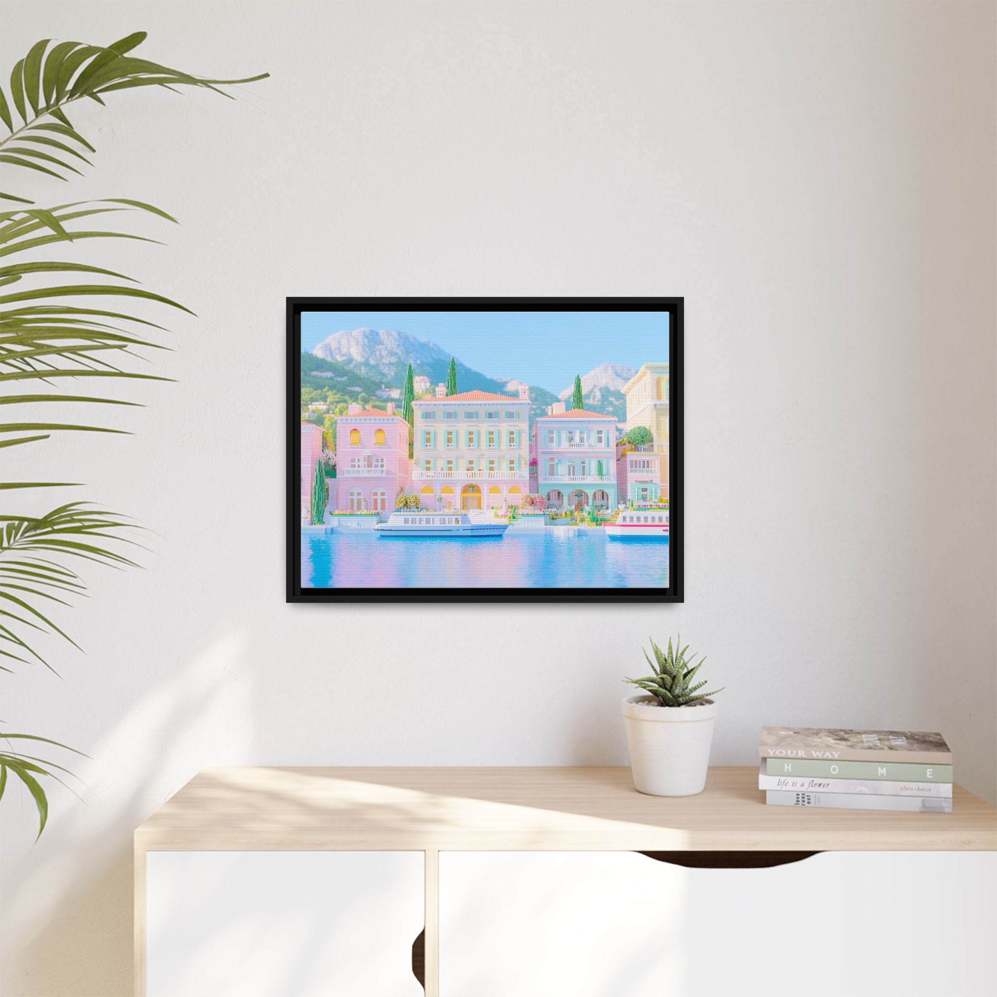 Pastel Lake Como Villa Framed Canvas