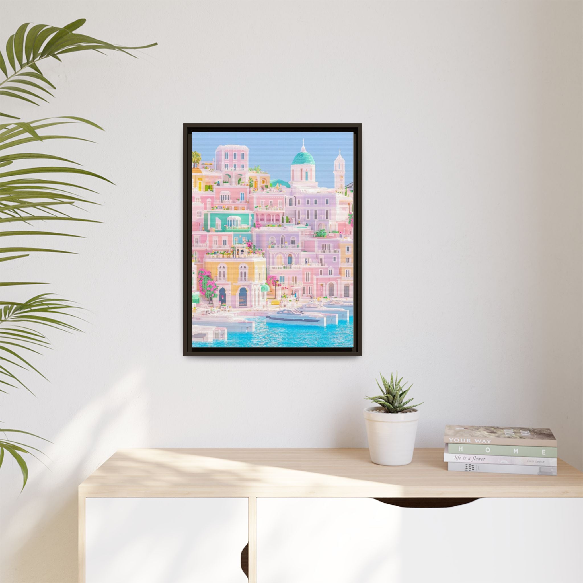 Pastel Capri Harbor Framed Canvas